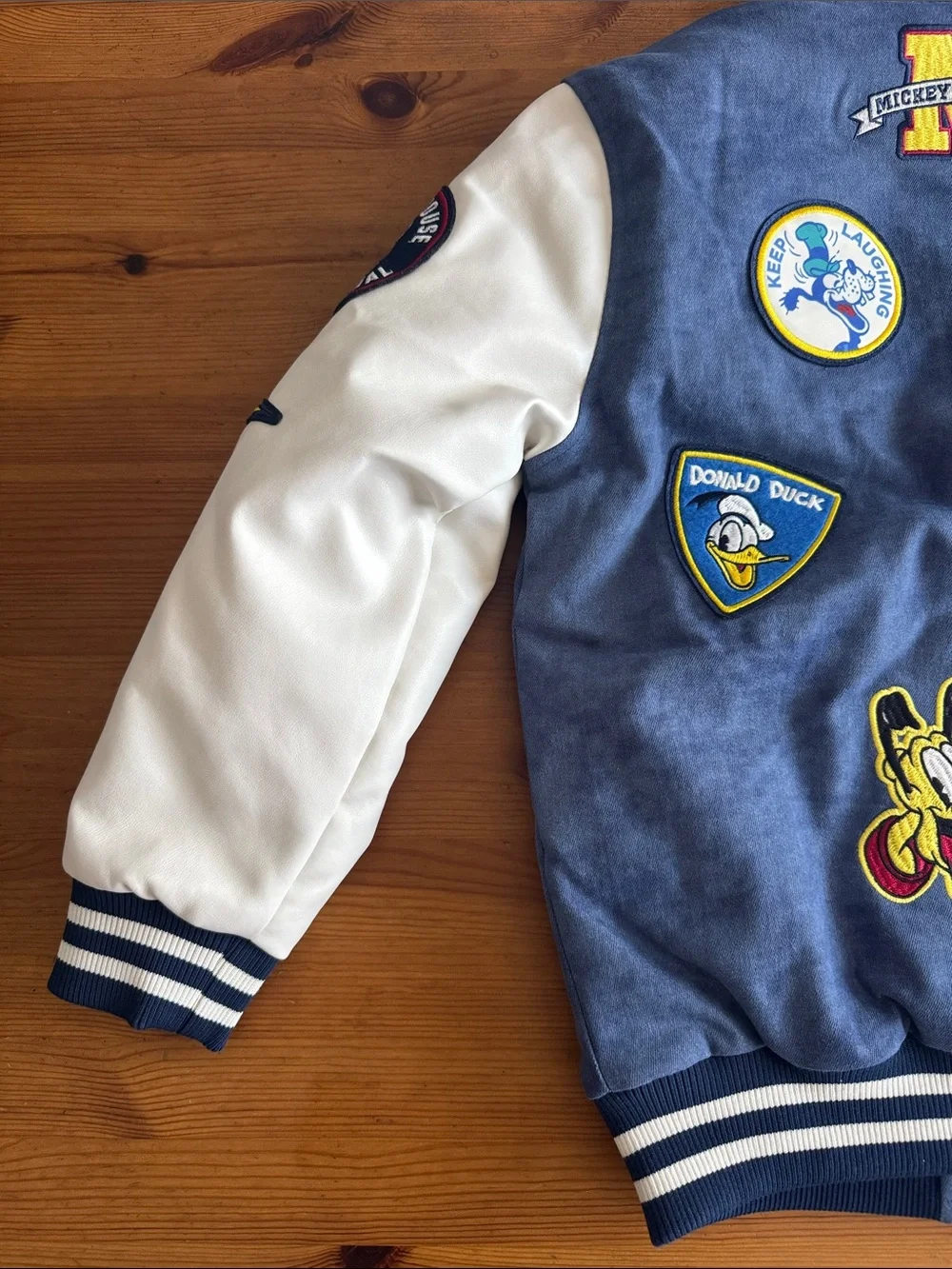 Disney Navy & White Mickey Youth Varsity Hooded Jacket with Embroidery Patches